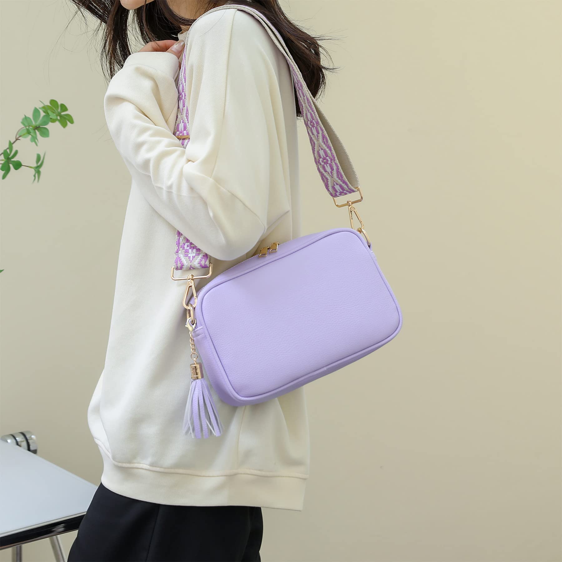 Women Camera Bag Purse, Convertable Crossbody Bags, Interchangeable Strap Shoulder Purse with Tassel, Purple