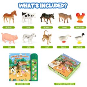 DOMNIU Farm Animals Figures Toys with 10 Realistic Plastic Animal Figurines & Kids Sound Book, Educational Learning Toys Gift for 3 Years Old & Up Toddlers Kids Boys Girls