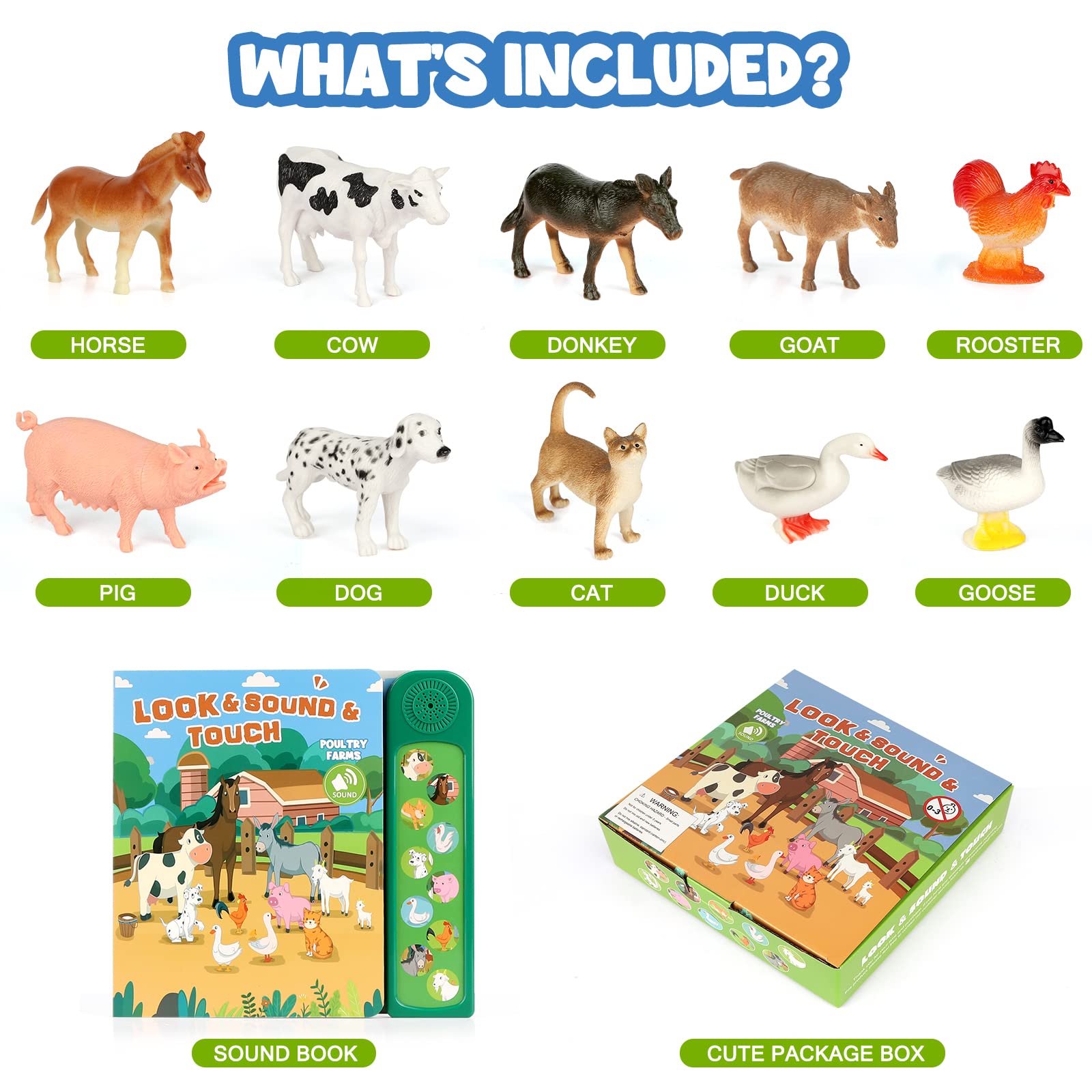 DOMNIU Farm Animals Figures Toys with 10 Realistic Plastic Animal Figurines & Kids Sound Book, Educational Learning Toys Gift for 3 Years Old & Up Toddlers Kids Boys Girls