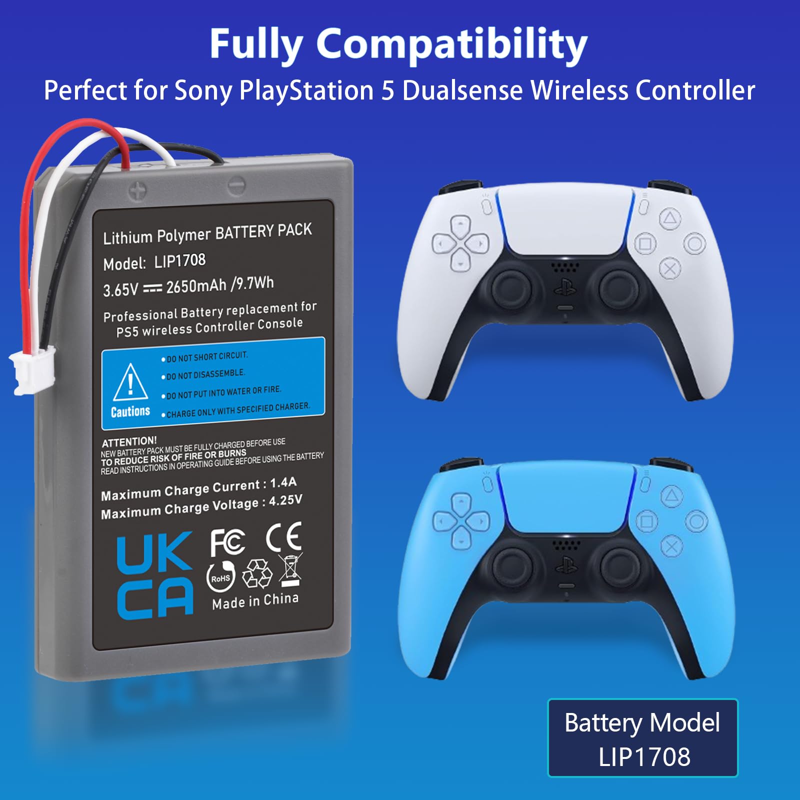 Hisewen PS5 Controller Battery, 2650mAh LIP1708 Replacement Battery for Sony PlayStation 5 PS5 DualSense CFI-ZCT1W Wireless Controller