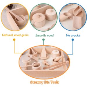 Montessori Sensory Bin Tools Toy with Wooden Box for Toddlers, Pretend Play Dish Toys Wooden Bowls Scoop Tongs Transfer Work Pouring Set, Kids Fine Motor Skills Development