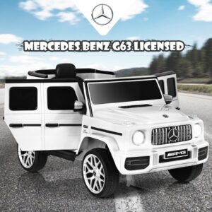 OLAKIDS 12V Kids Ride On Car, Licensed Mercedes Benz G63 Electric Vehicle with Remote Control, Double Open Doors, Music, Bluetooth, 2 Speeds, Wheels Suspension, Battery Powered Driving Toy (White)