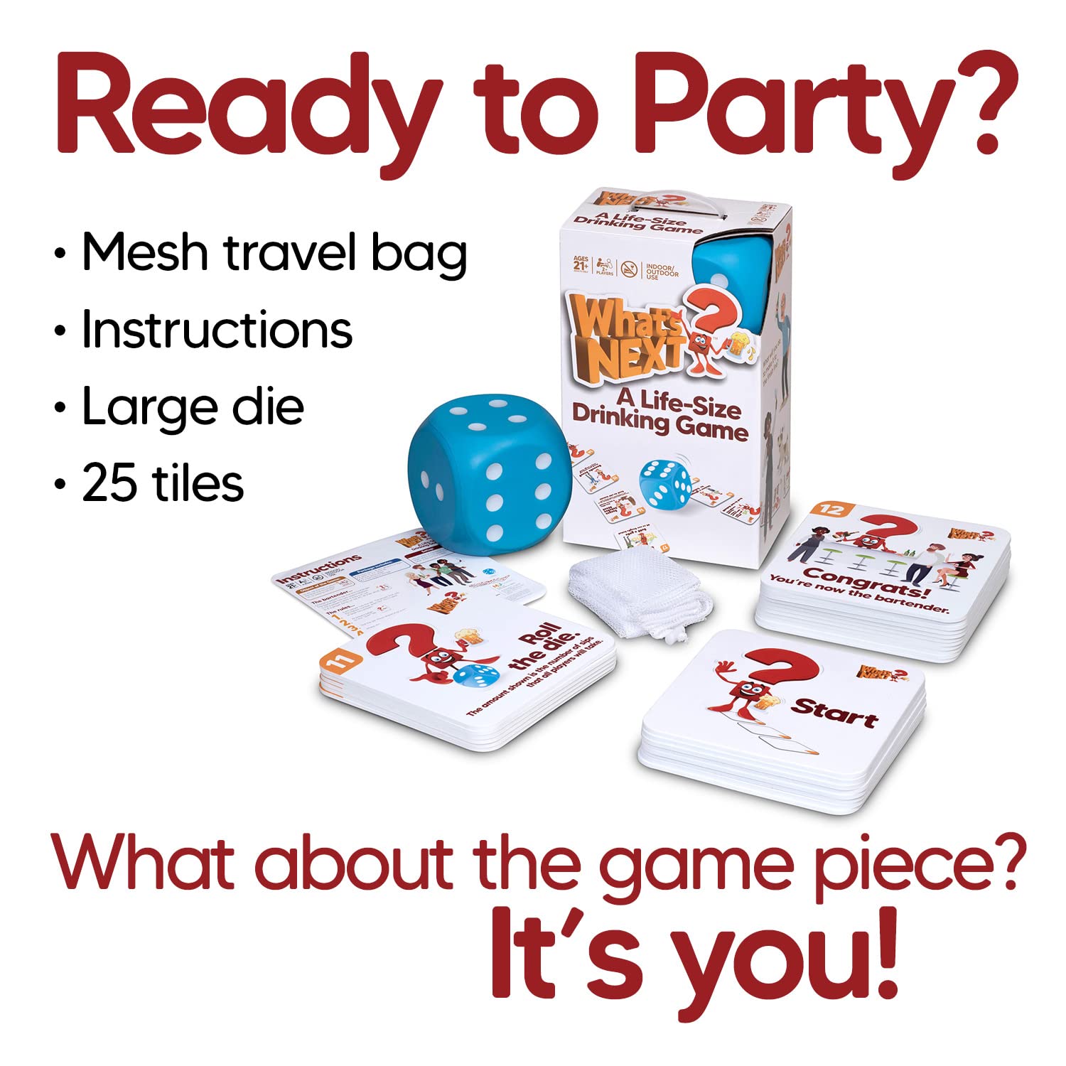 M&J Games What's Next? A Life-Size Drinking Game, Party Lover's Board Game, Hilarious Activity for Adult Gatherings, Floor Game to Get Celebrations Started, Ages 21+, 25 Action Tiles, Giant Foam Die