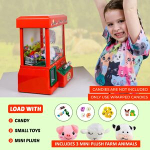 Bundaloo Claw Machine Arcade Game - Electronic Mini Candy and Toy Grabber Dispenser - with Sound & 3 Mini Plush Farm Animals