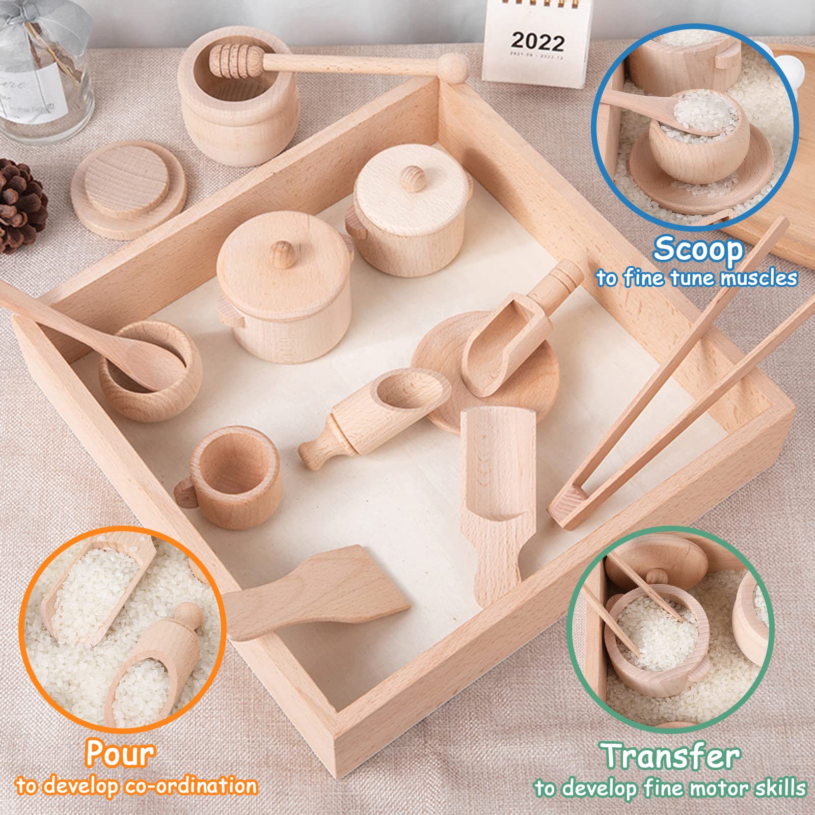 Montessori Sensory Bin Tools Toy with Wooden Box for Toddlers, Pretend Play Dish Toys Wooden Bowls Scoop Tongs Transfer Work Pouring Set, Kids Fine Motor Skills Development