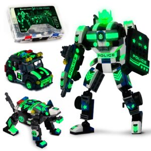 jitterygit robot police mech glow in the dark toy cop gift, swat action figure buildable stem building superheroes soldier - cool present for boys, girls, kids, children ages 6 7 8 9 10 year olds