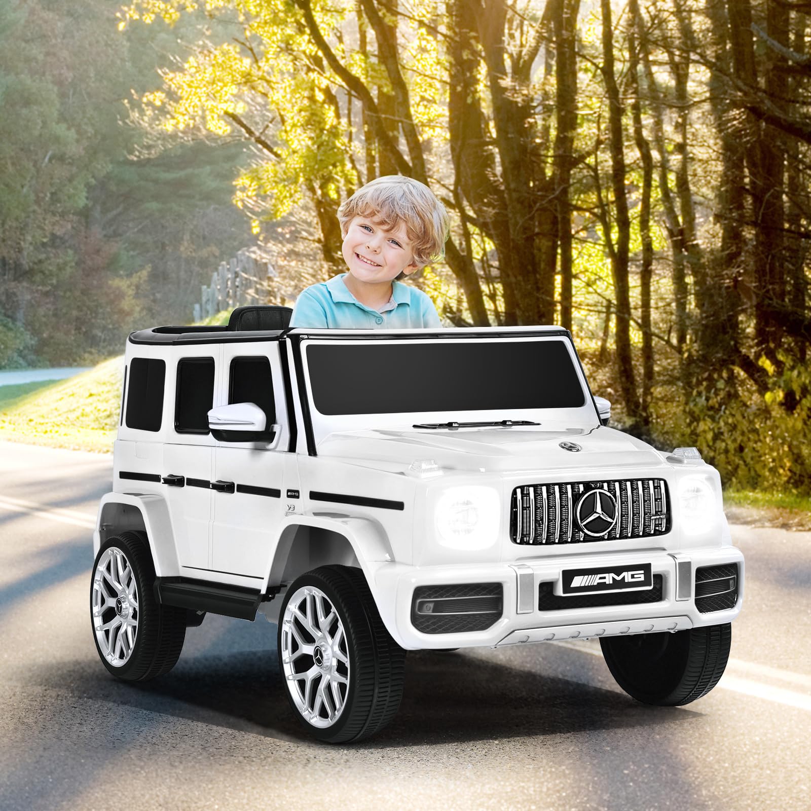 OLAKIDS 12V Kids Ride On Car, Licensed Mercedes Benz G63 Electric Vehicle with Remote Control, Double Open Doors, Music, Bluetooth, 2 Speeds, Wheels Suspension, Battery Powered Driving Toy (White)