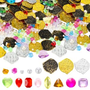 Hanaive 319 Pcs Pirate Treasure Pirate Gold Fake Coins Plastic Pirate Gems and Jewels Playset Pirate Party Decor Treasure for Pirates Themed Adventures Summer Pool Party Coins (Irregular)