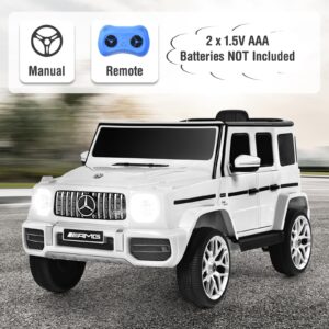 OLAKIDS 12V Kids Ride On Car, Licensed Mercedes Benz G63 Electric Vehicle with Remote Control, Double Open Doors, Music, Bluetooth, 2 Speeds, Wheels Suspension, Battery Powered Driving Toy (White)