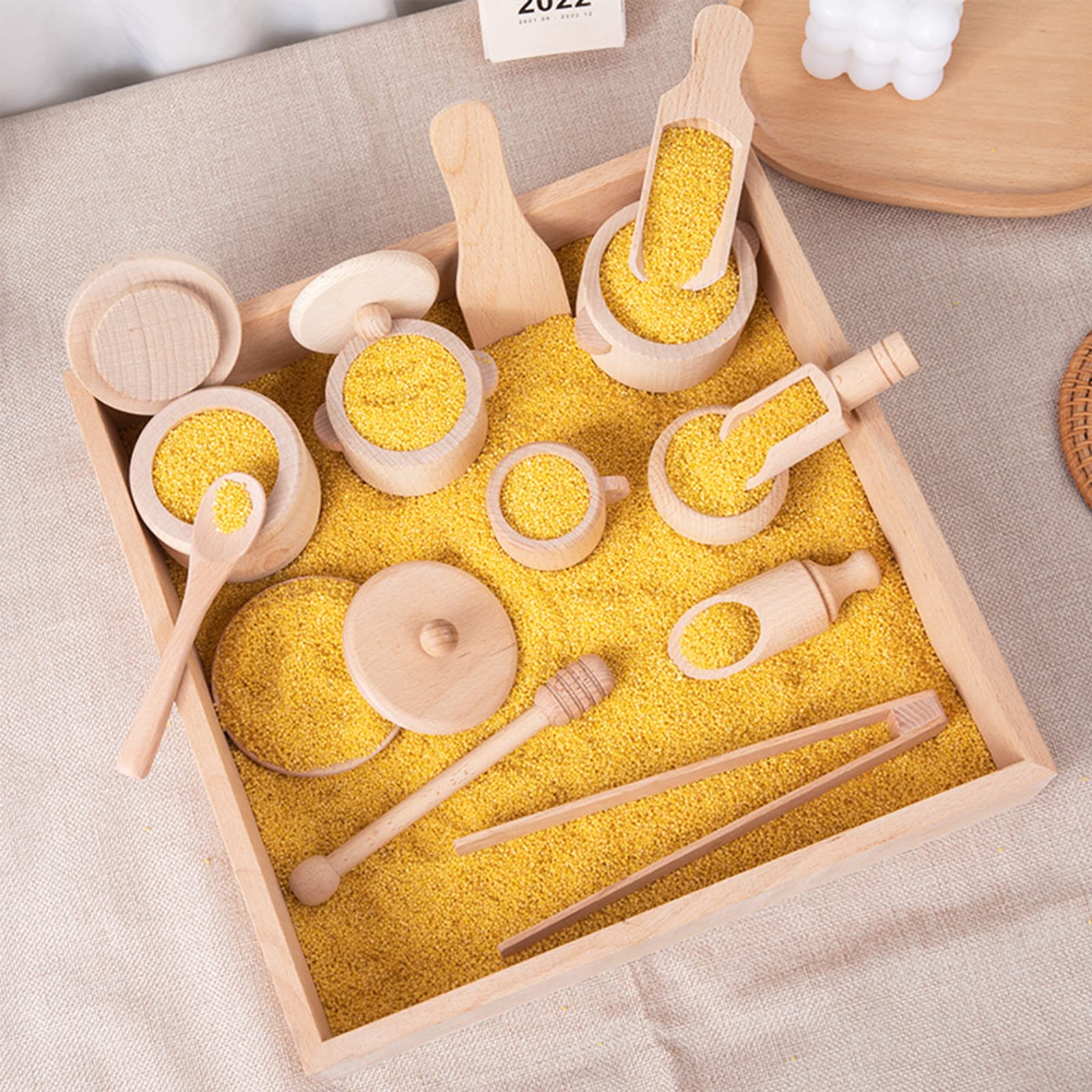 Montessori Sensory Bin Tools Toy with Wooden Box for Toddlers, Pretend Play Dish Toys Wooden Bowls Scoop Tongs Transfer Work Pouring Set, Kids Fine Motor Skills Development