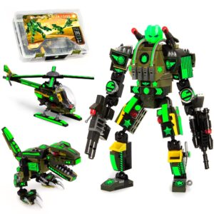 jitterygit robot army buildable mech soldier glow in the dark gift toy set, helicopter military creative stem project, dinosaur building bricks kit for kids ages 6-11 years old