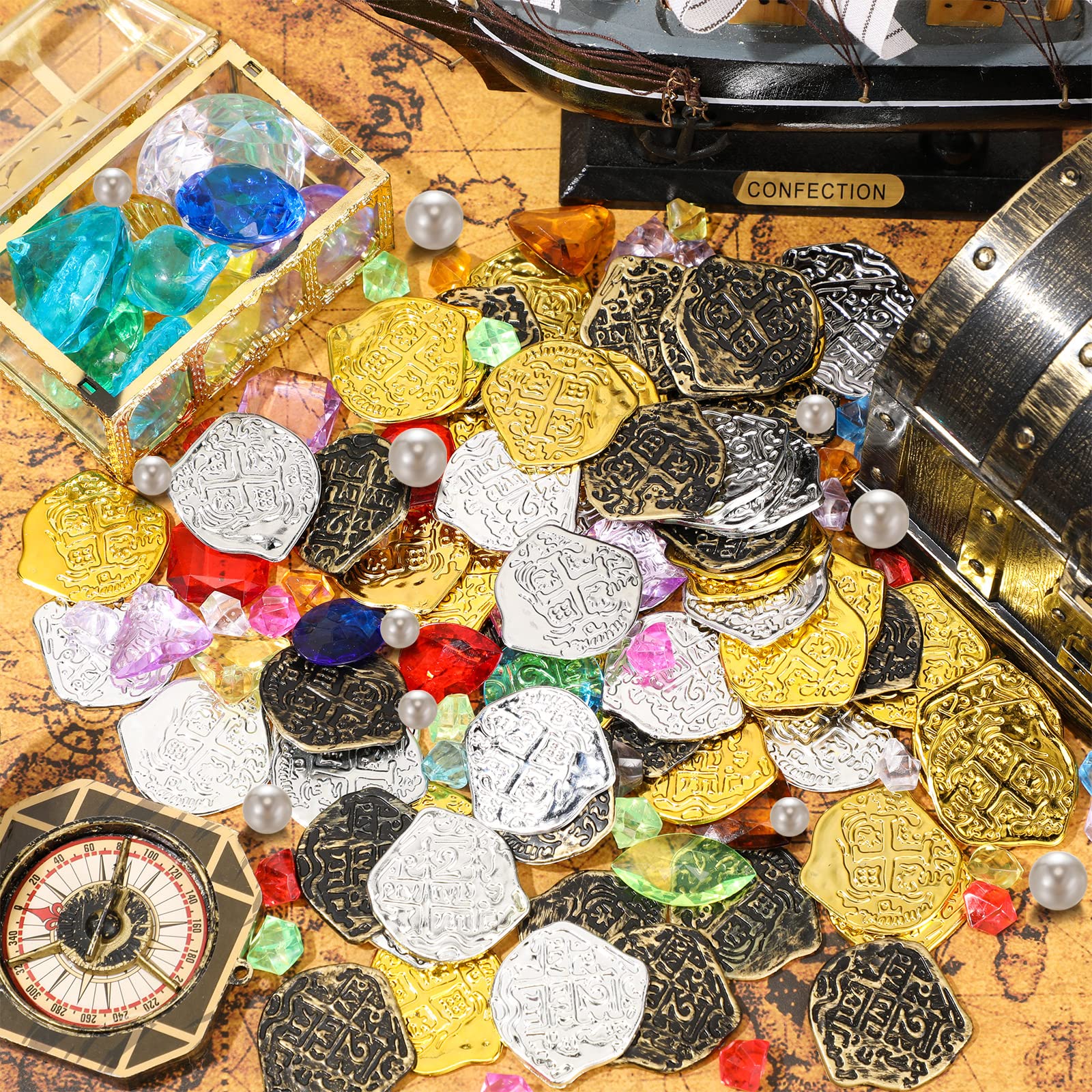 Hanaive 319 Pcs Pirate Treasure Pirate Gold Fake Coins Plastic Pirate Gems and Jewels Playset Pirate Party Decor Treasure for Pirates Themed Adventures Summer Pool Party Coins (Irregular)