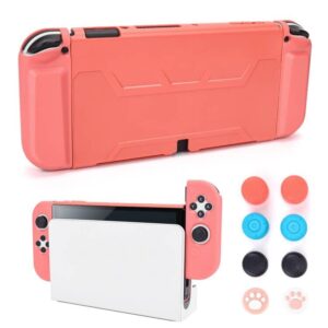 dlseego coral red switch oled dockable protective case with 2 game card slots soft tpu joy con cover + console hard shell shockproof anti scratch skin with 8pcs non slip thumb grips for switch 2021