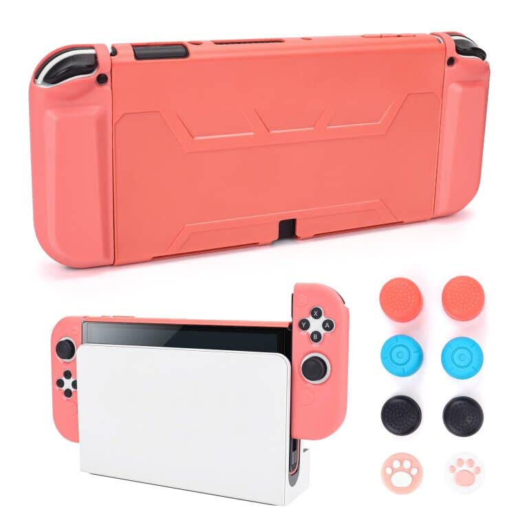 DLseego Coral Red Switch OLED Dockable Protective Case with 2 Game Card Slots Soft TPU Joy Con Cover + Console Hard Shell Shockproof Anti Scratch Skin with 8PCS Non Slip Thumb Grips for Switch 2021