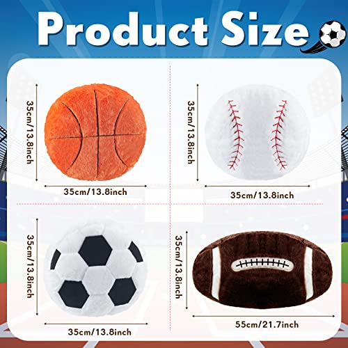 4 Pcs Sports Throw Pillows Fluffy Stuffed Soccer Ball Pillow Soft Stuffed Basketball Pillows Baseball Soft Throw Pillow Football Shaped Plush Toy Sport Cushion (Plush,Medium)