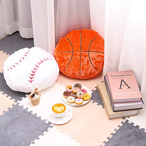 4 Pcs Sports Throw Pillows Fluffy Stuffed Soccer Ball Pillow Soft Stuffed Basketball Pillows Baseball Soft Throw Pillow Football Shaped Plush Toy Sport Cushion (Plush,Medium)