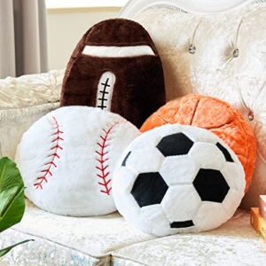 4 Pcs Sports Throw Pillows Fluffy Stuffed Soccer Ball Pillow Soft Stuffed Basketball Pillows Baseball Soft Throw Pillow Football Shaped Plush Toy Sport Cushion (Plush,Medium)