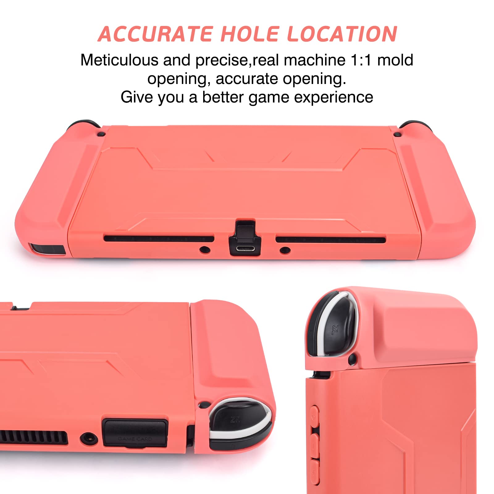 DLseego Coral Red Switch OLED Dockable Protective Case with 2 Game Card Slots Soft TPU Joy Con Cover + Console Hard Shell Shockproof Anti Scratch Skin with 8PCS Non Slip Thumb Grips for Switch 2021