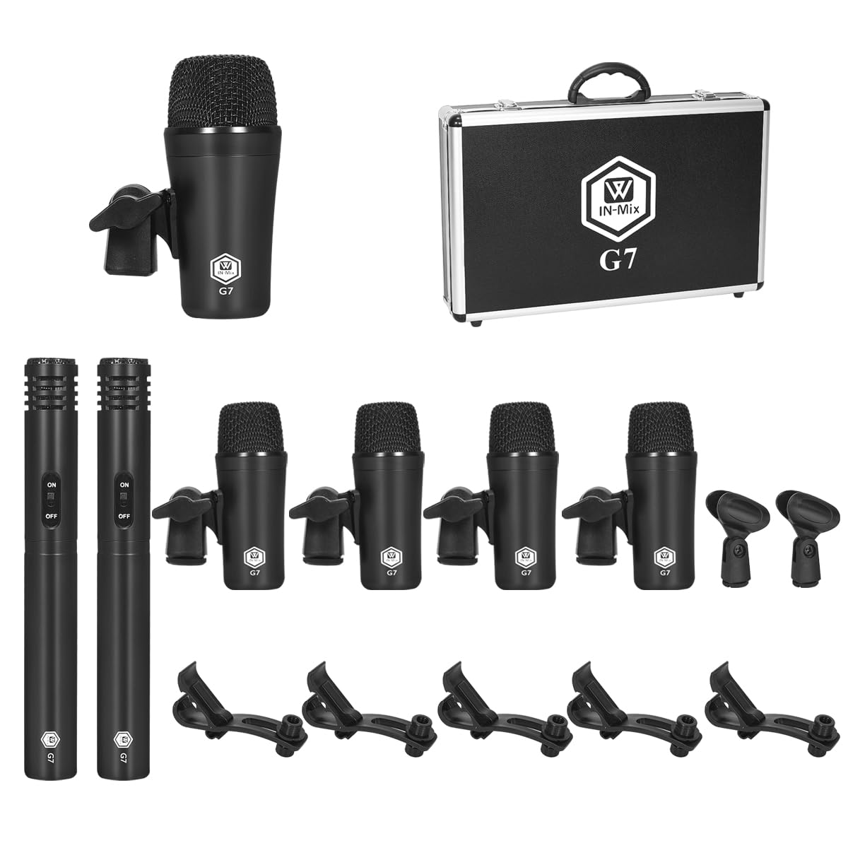 W IN-MIX G7 7-Piece Wired Dynamic Drum Mic Kit (Whole Metal)- Kick Bass, Tom/Snare & Cymbals Microphone Use for Drums, Vocal, Other Instrument Complete with Thread Clip, Mics Holder