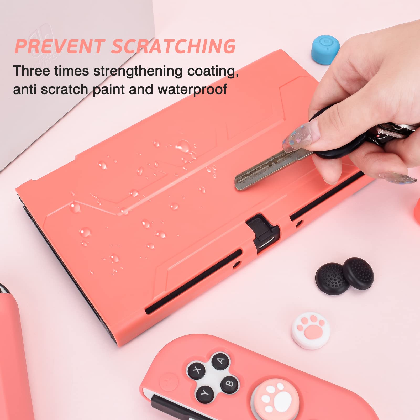 DLseego Coral Red Switch OLED Dockable Protective Case with 2 Game Card Slots Soft TPU Joy Con Cover + Console Hard Shell Shockproof Anti Scratch Skin with 8PCS Non Slip Thumb Grips for Switch 2021