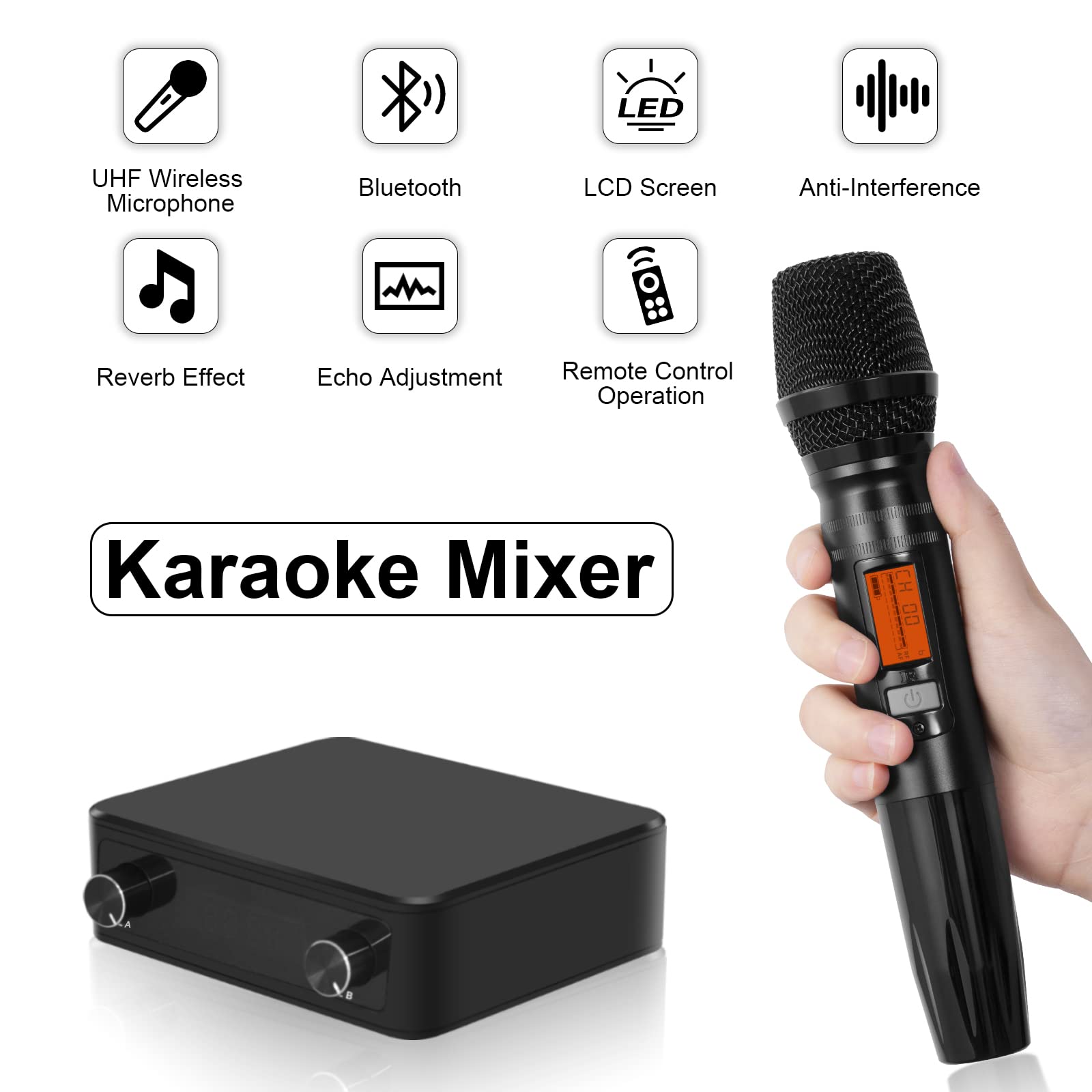 Wireless Microphone System, Dual Handheld UHF Cordless Dynamic Microphone Support Bluetooth Input, AUX in/Out, Portable Microphone Mixer System for Home Karaoke KTV Meeting Party Church Wedding DJ