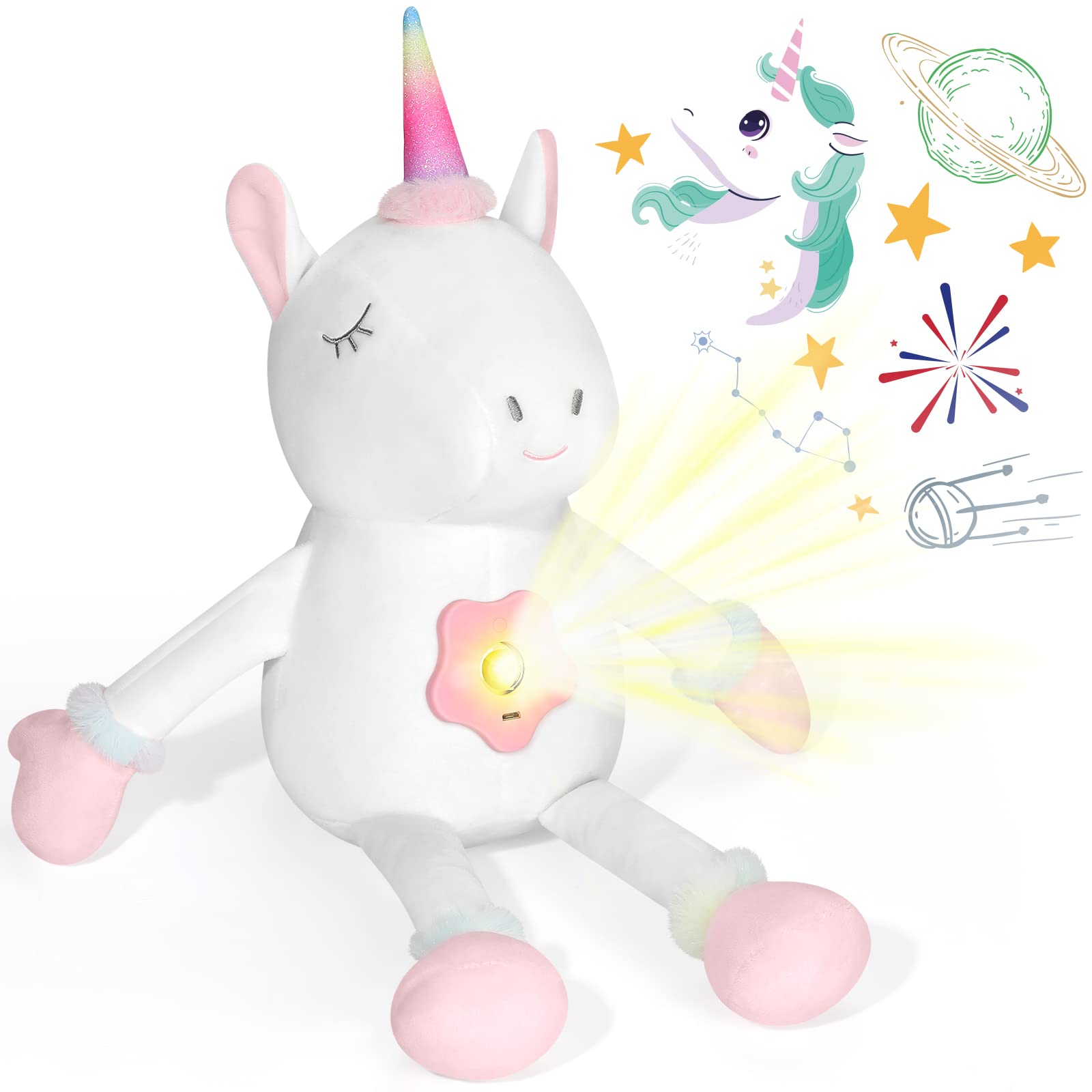 DIILSWX Unicorn Stuffed Animals with Dynamic Star Projection Lamp: Rechargeable Night Light for Kids Bedroom, Soft & Huggable Plush Toy, Cute Bedtime Buddy for Toddler, Boy, Girl (Galaxy Theme) - 17''