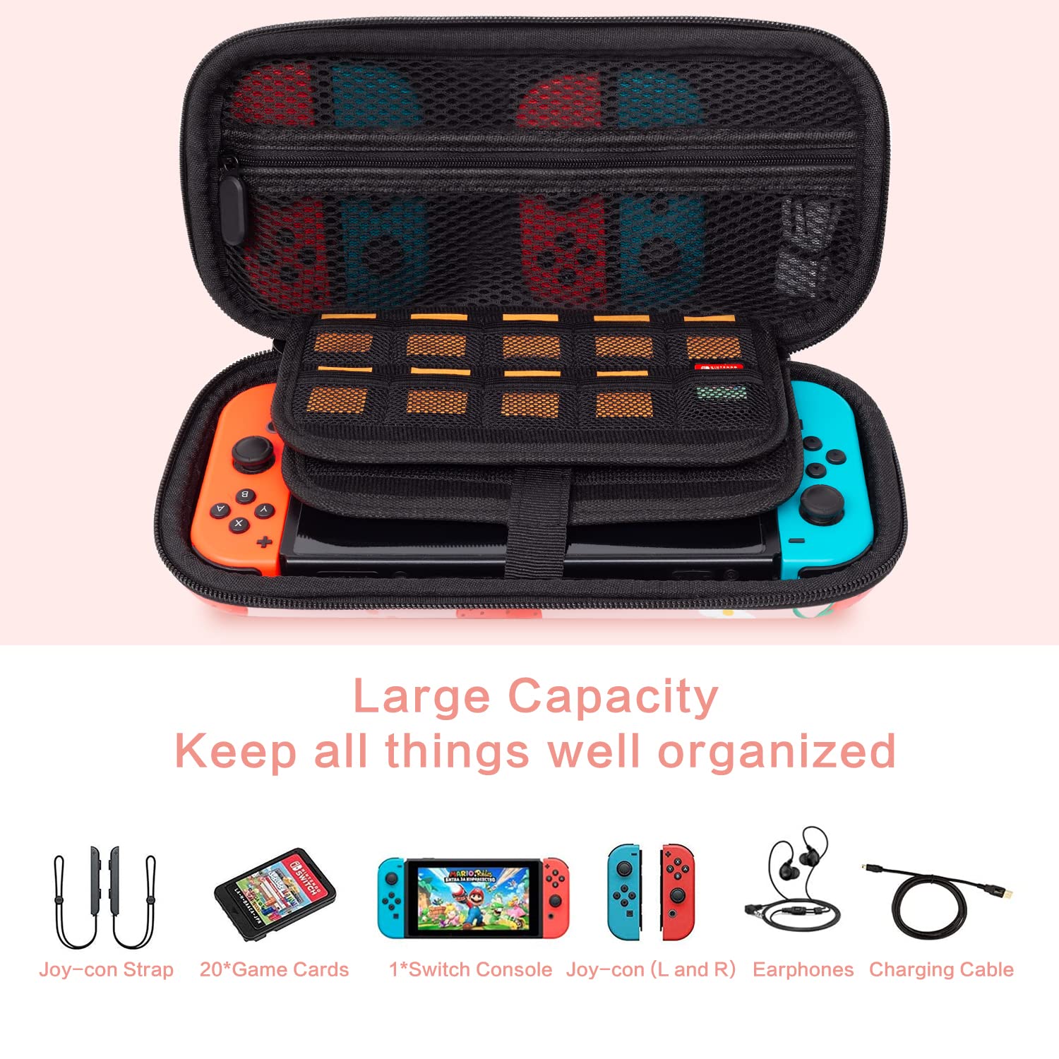 Lokigo Carrying Case for Nintendo Switch/Switch OLED, Pink Nintendo Switch Case for Girls Boys, Portable Shockproof Switch Bag w/20 Game Card Slots for Switch Console Joy-Con & Accessories, Pink