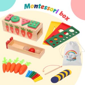 KIZBURG 5 in 1 Object Permance Box, Wooden Montessori Toys for 3 Year Old, Ball Drop, Coin Drop Game, Stacking Toys, Christmas Birthday Gifts for Toddlers