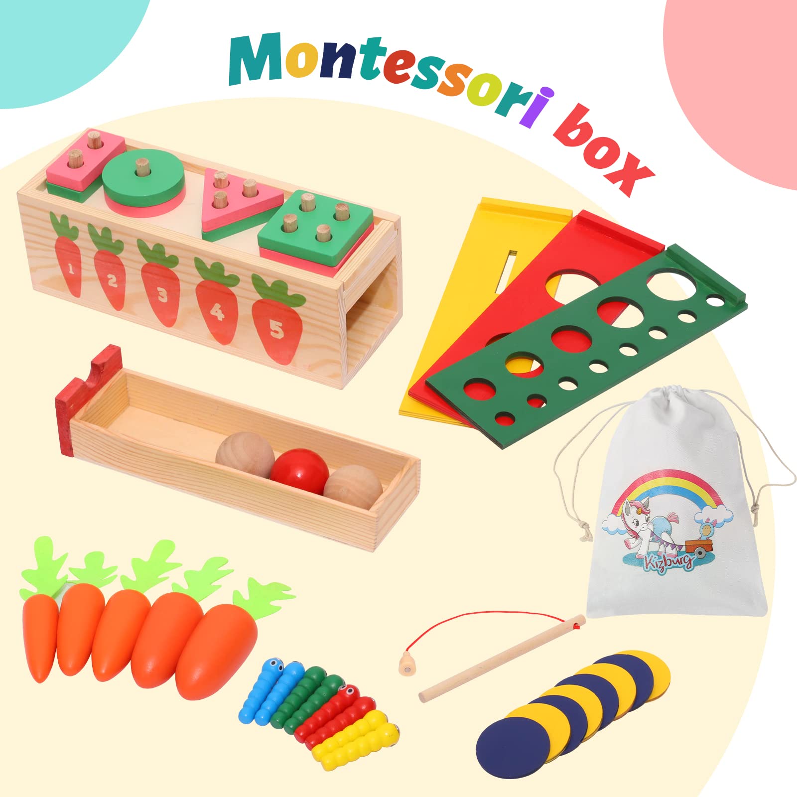 KIZBURG 5 in 1 Object Permance Box, Wooden Montessori Toys for 3 Year Old, Ball Drop, Coin Drop Game, Stacking Toys, Christmas Birthday Gifts for Toddlers