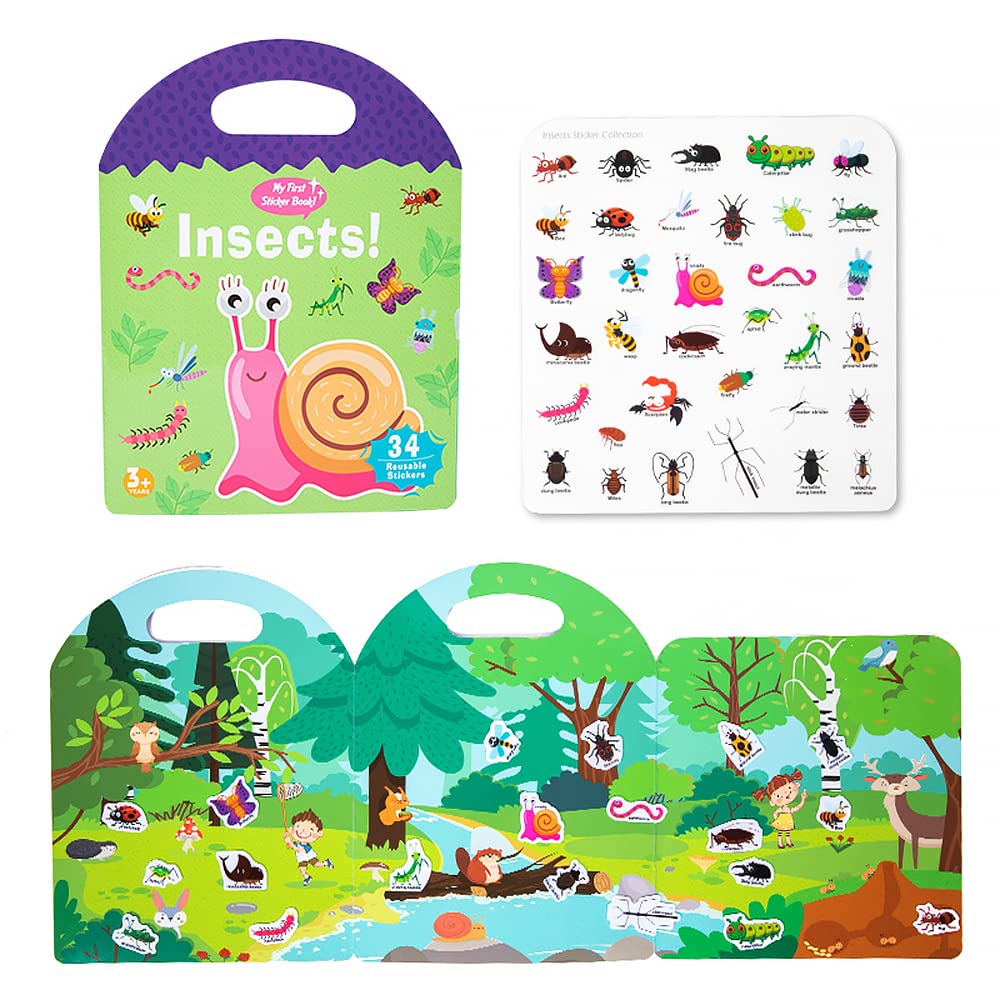 Sticker Books for Kids 3-4, Reusable Sticker Book, Quiet Busy Book, Montessori Preschool Learning Activities Educational Travel Toys Gift, Insect Stickers