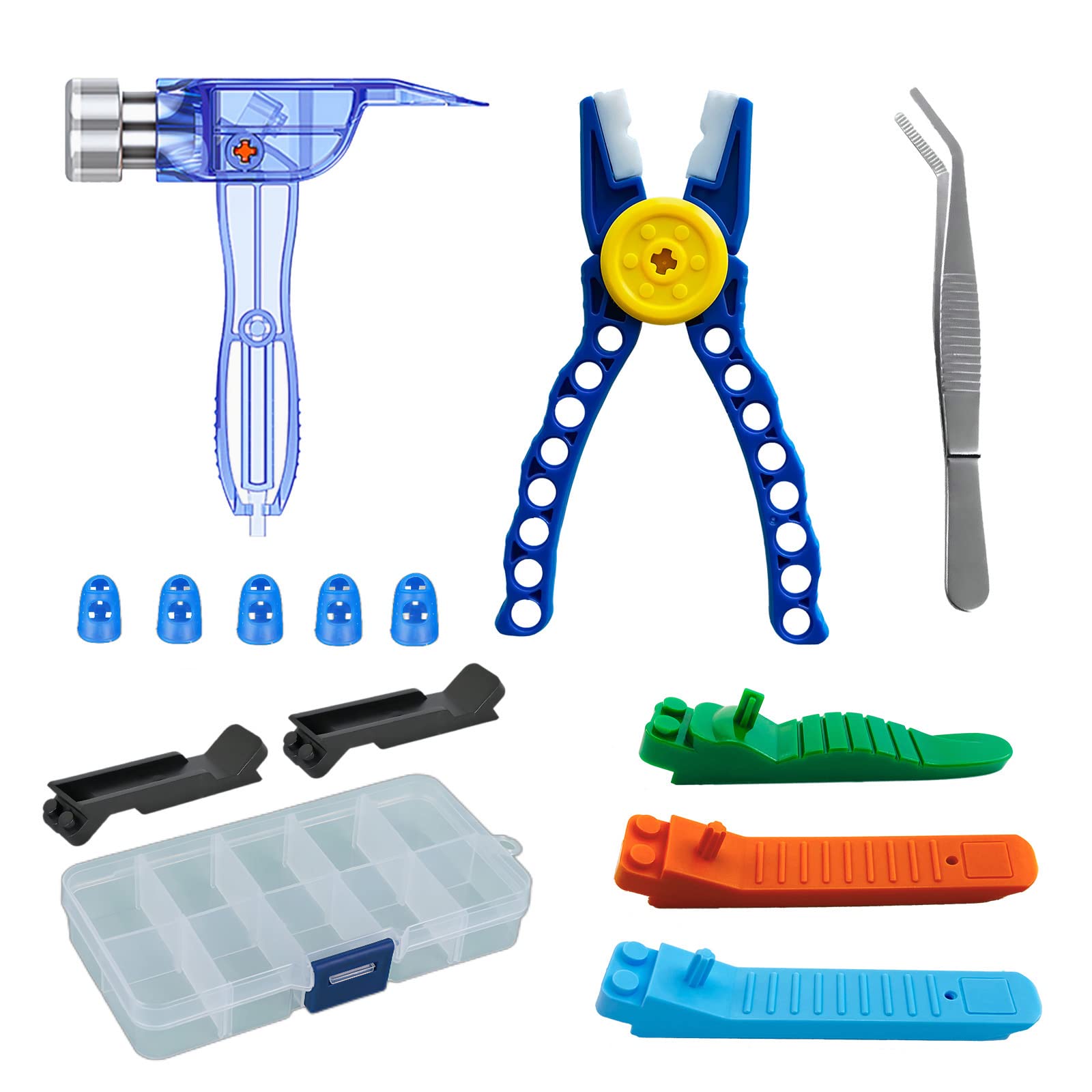 SIOYTOER Building Blocks Tool Kit Brick Separator Tools Compatible with Lego &Technic Mini Blocks Tool Set Multi-Functional Hammer Pliers Tweezers Finger Protectors with Tin Box (Blue)