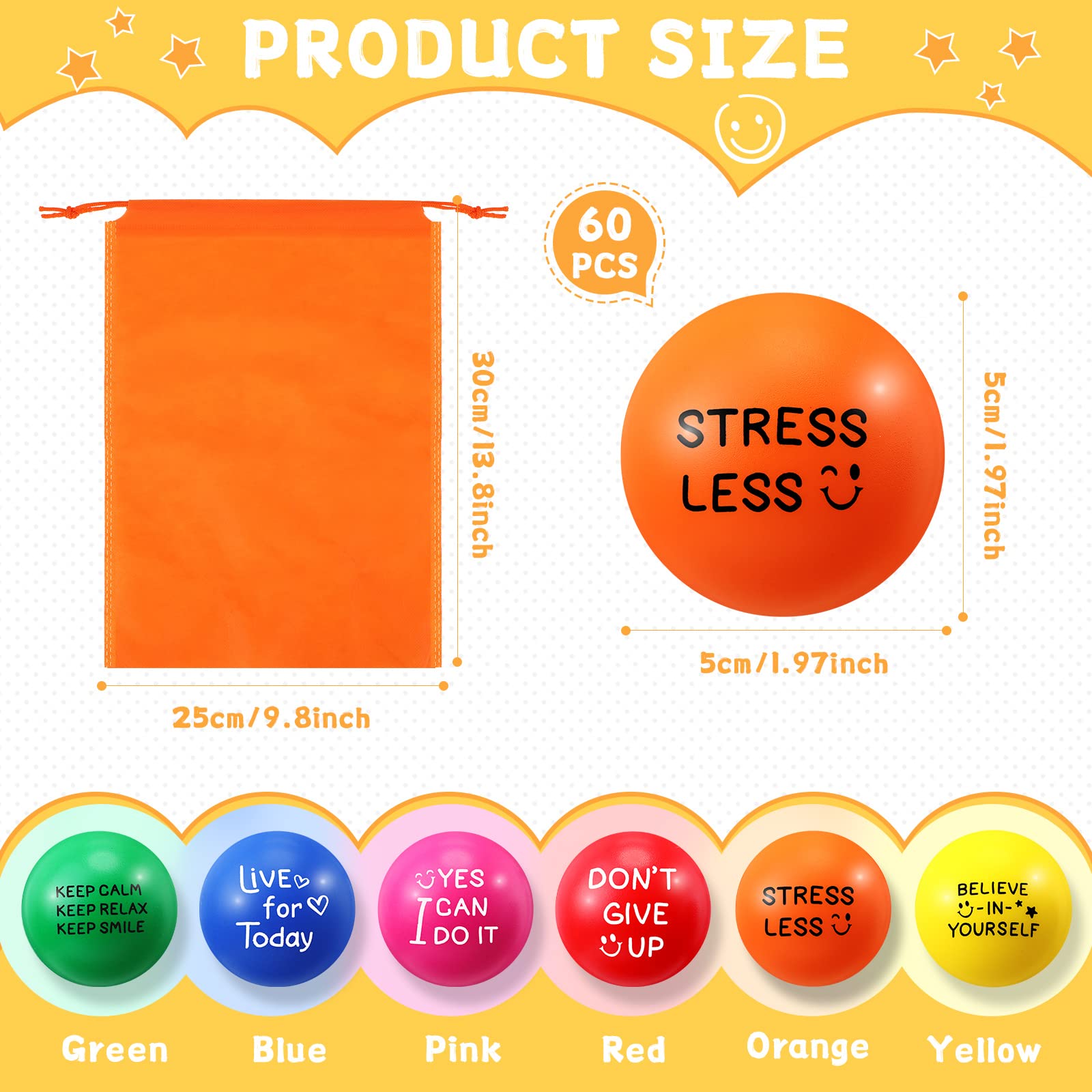 60 Pieces Motivational Stress Balls 1.97 Inch Inspirational Stress Relief Ball Bulk Hand Exercise Balls Encouraging Colorful Foam Balls Anxiety Small Balls with Quotes for Kids Adults Teens, 6 Styles