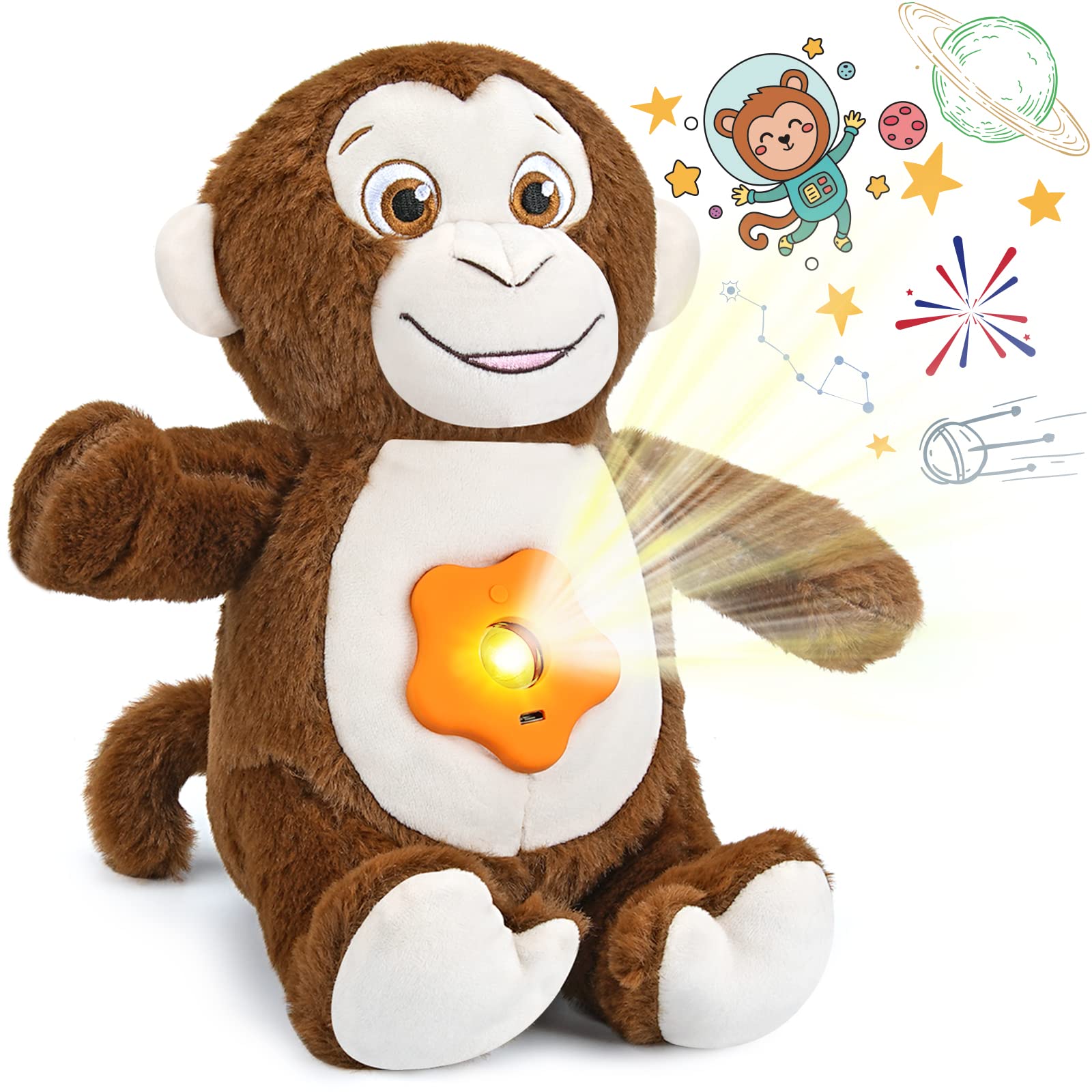 DIILSWX Monkey Stuffed Animals with Dynamic Star Projection Lamp: Rechargeable Night Light for Kids Bedroom, Soft & Huggable Plush Toy, Cute Bedtime Buddy for Toddler, Boys, Girls (Galaxy) - 10.5''