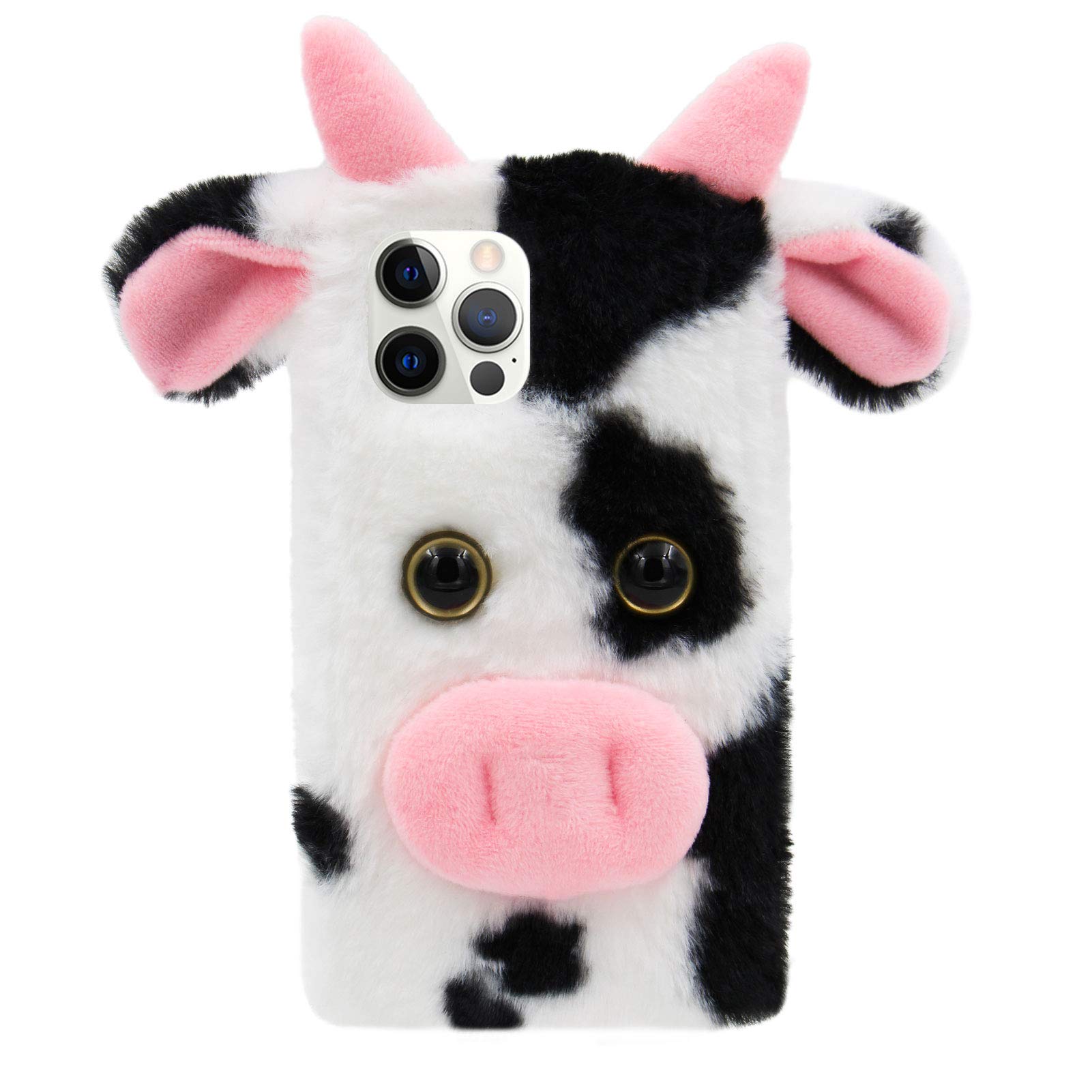 FYTZE Milk Cow Case for iPhone 14 6.1, Cute 3D Cartoon Dairy Cattle Fluffy Hairy Silicone Cover Fuzzy Warm Faux Stuffed Plush Doll Soft Furry Protective Shell for Women Girls - Black