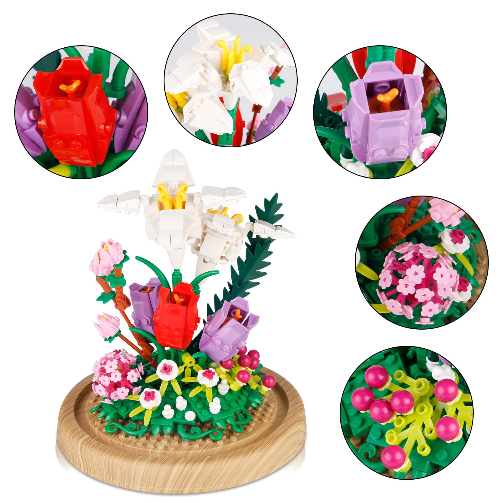 600+PCS Lily Flowers Bonsai Tree Blocks Kit,Romantic Immortal Flower Bouquet Building Blocks with a Transparent Display Box, Ideas for 6+ Kids or Adults