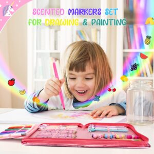 56 Pc Fruit Scented Marker Set with Glitter Unicorn Case, Art Supplies Kit for Kids Ages 4-8