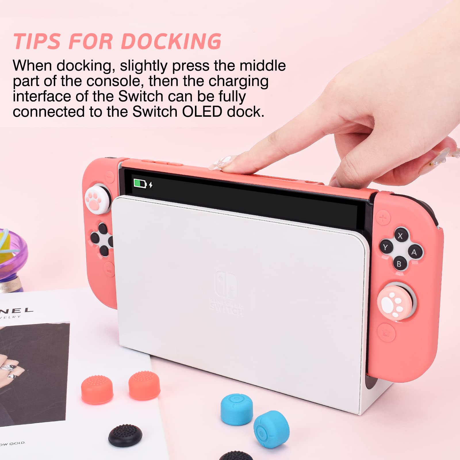 DLseego Coral Red Switch OLED Dockable Protective Case with 2 Game Card Slots Soft TPU Joy Con Cover + Console Hard Shell Shockproof Anti Scratch Skin with 8PCS Non Slip Thumb Grips for Switch 2021