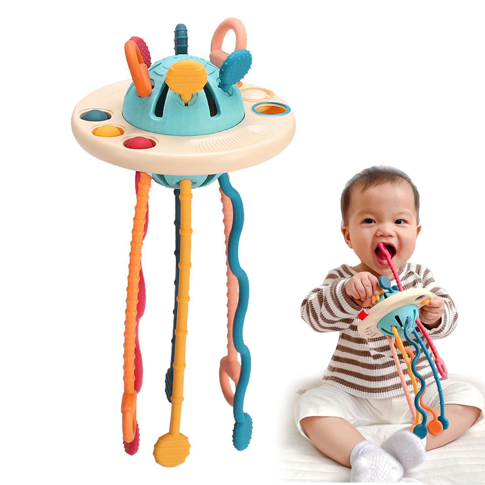 Baby Sensory Toys Montessori Pull String, Cartoon Kids Accordion Toy 18 Months+ Early Education Baby Boy Girls Toys for Infant Newborn Toddlers Sensory Play Exercise Hand Strength (UFO)