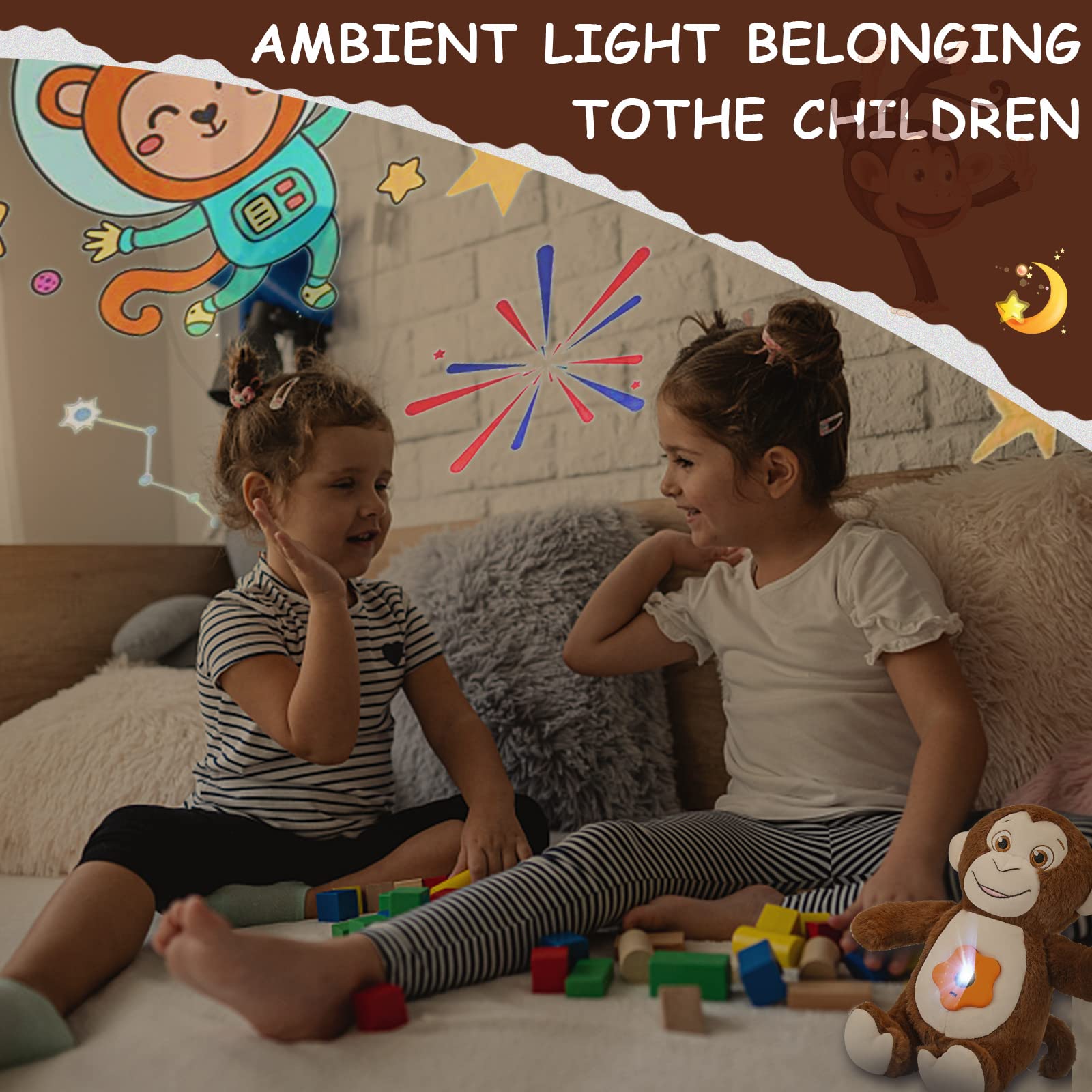 DIILSWX Monkey Stuffed Animals with Dynamic Star Projection Lamp: Rechargeable Night Light for Kids Bedroom, Soft & Huggable Plush Toy, Cute Bedtime Buddy for Toddler, Boys, Girls (Galaxy) - 10.5''