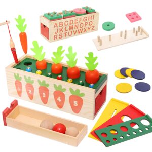 kizburg 5 in 1 object permance box, wooden montessori toys for 3 year old, ball drop, coin drop game, stacking toys, christmas birthday gifts for toddlers