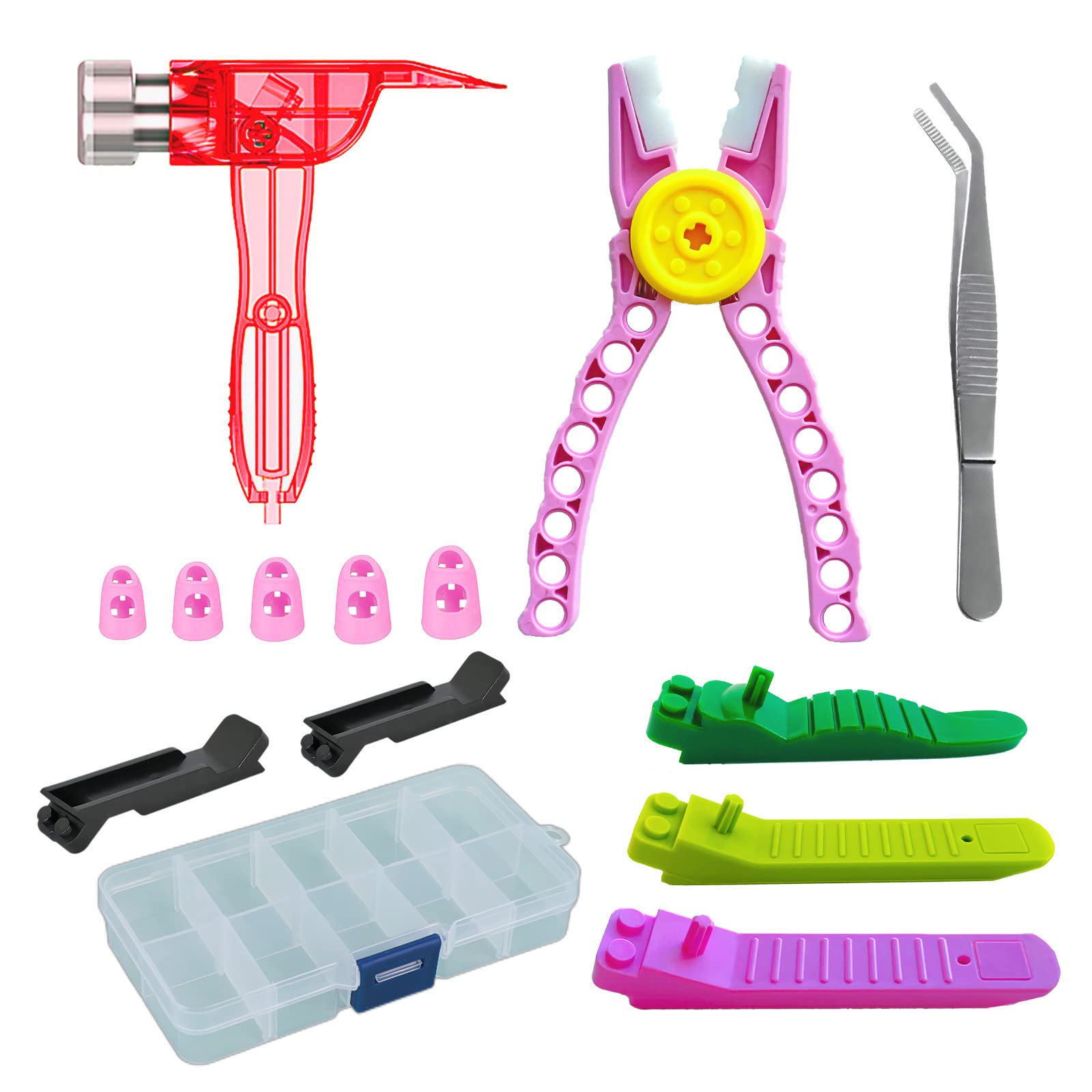 SIOYTOER Building Blocks Tool Kit Brick Separator Tools Compatible with Lego &Technic Mini Blocks Tool Set Multi-Functional Hammer Pliers Tweezers Finger Protectors with Tin Box (Pink)