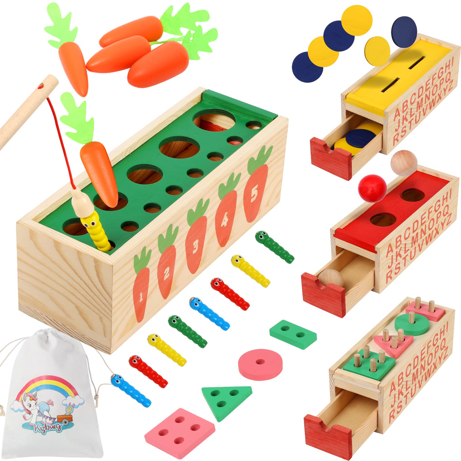 KIZBURG 5 in 1 Object Permance Box, Wooden Montessori Toys for 3 Year Old, Ball Drop, Coin Drop Game, Stacking Toys, Christmas Birthday Gifts for Toddlers