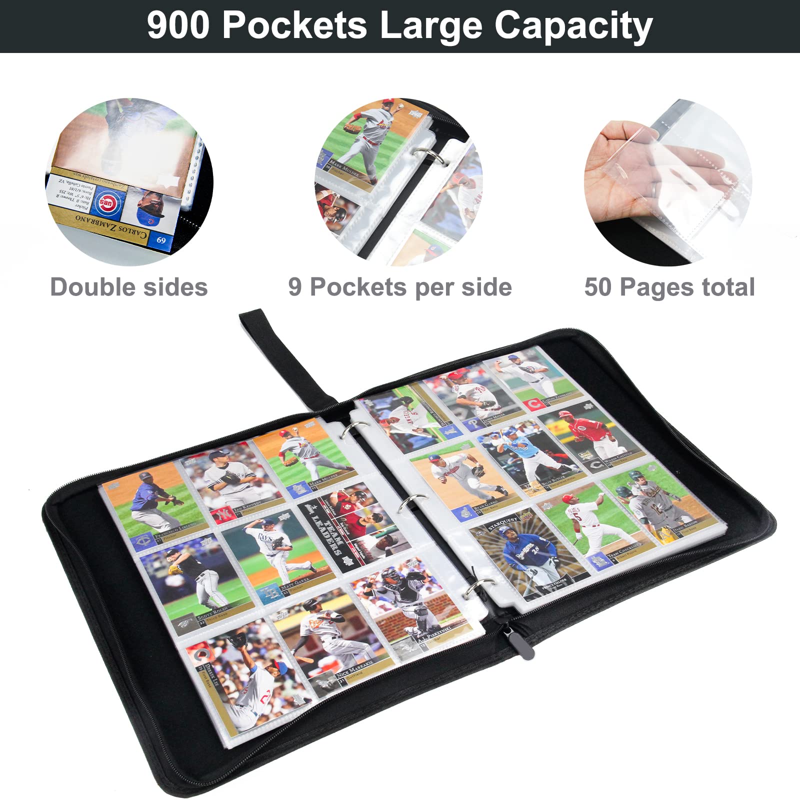 Baseball Card Binder, 900 Pocket Card Collections Album, 9 Pocket Trading Card binder with 50 Removable Sleeves, Card Protectors Holder Fit Football, Baseball, Sport Cards and Other Trading Cards