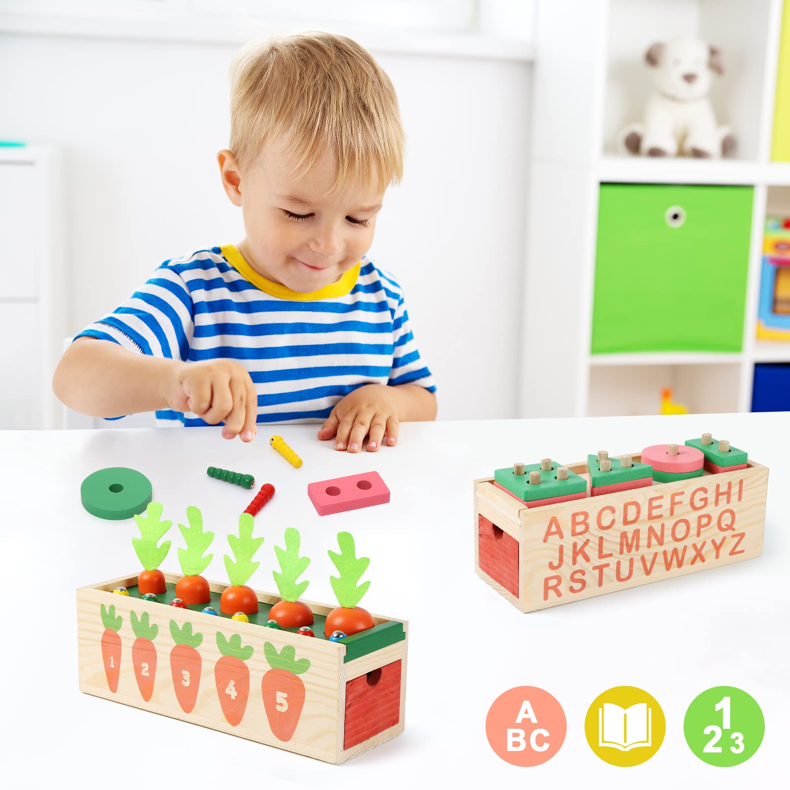 KIZBURG 5 in 1 Object Permance Box, Wooden Montessori Toys for 3 Year Old, Ball Drop, Coin Drop Game, Stacking Toys, Christmas Birthday Gifts for Toddlers