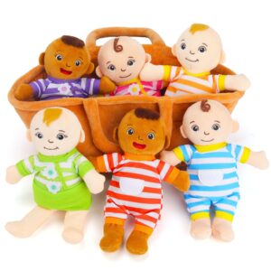 qpewep basket of babies plush dolls, 8" plush diversity baby dolls- 6 piece set interchangeable clothes stuffed plush figures for all ages easter gift