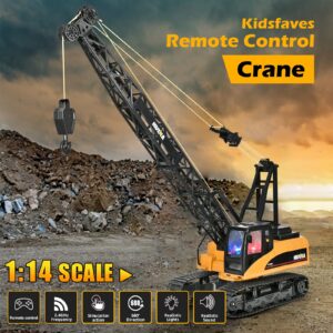 KidsFaves 15 Channel Remote Control Crane Toy,Proffesional Series,1:14 Scale-Rechargeable Battery RC Construction Toy Crane-Heavy Duty Metal Hook, with Lights Sounds for Boys & Girls 8-12