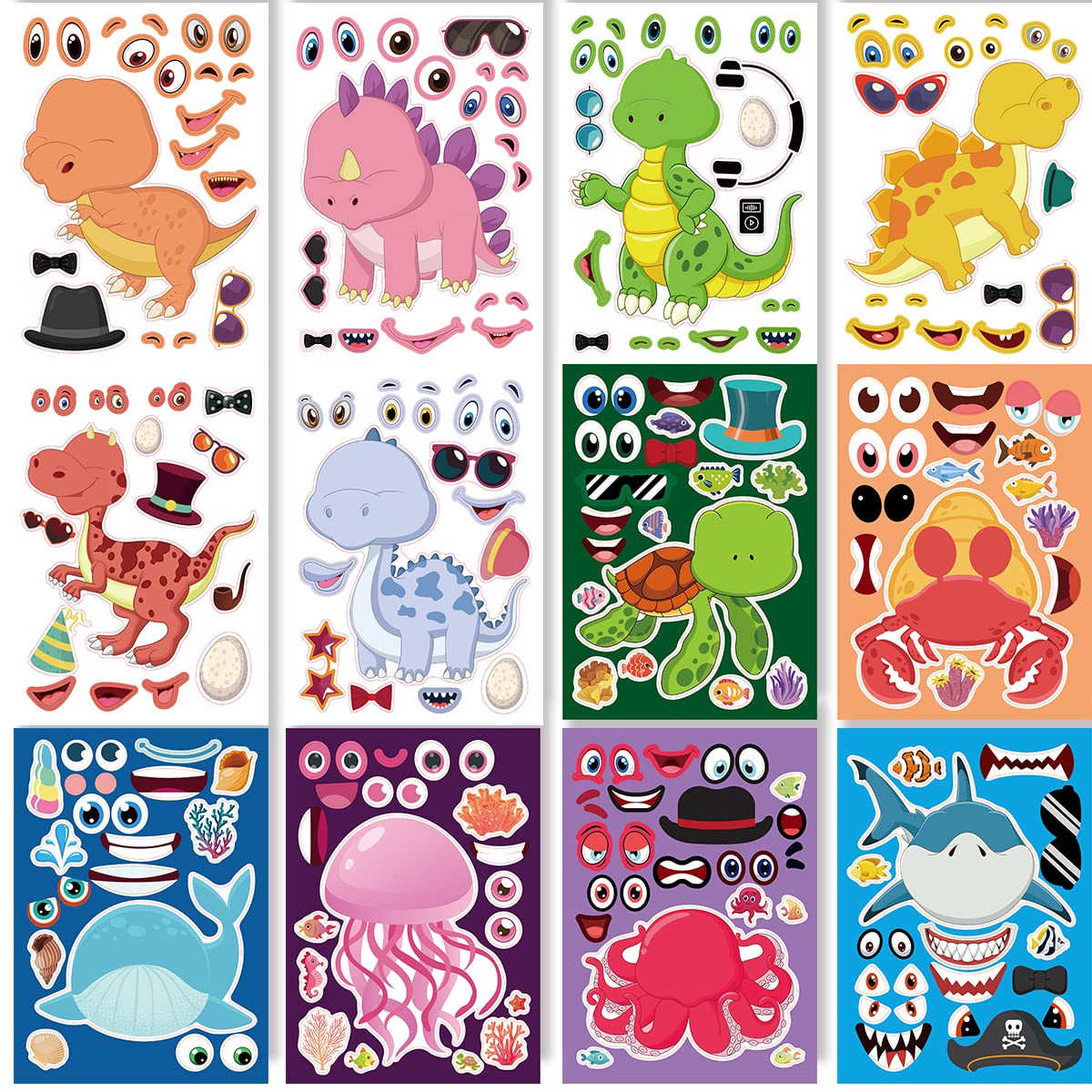 24 Sheets 8.27''×5.9'' Make Your Own Stickers for Kids Toddlers, Make a Face Stickers Mix and Match with Unicorns Dinosaur Horse and Sea Animals for Kids Party Favors Activities