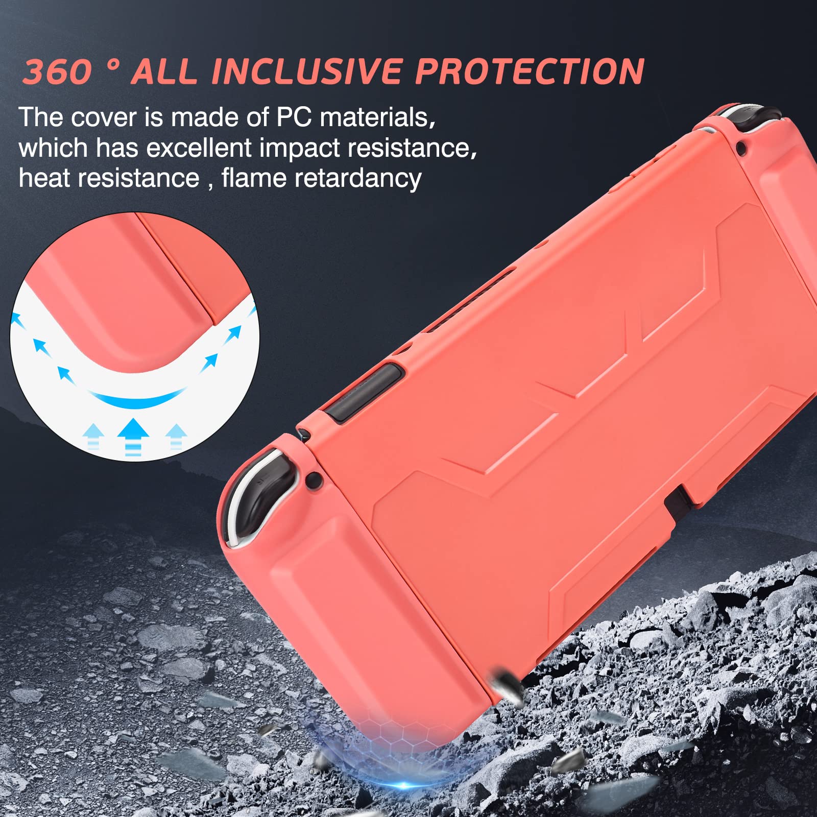 DLseego Coral Red Switch OLED Dockable Protective Case with 2 Game Card Slots Soft TPU Joy Con Cover + Console Hard Shell Shockproof Anti Scratch Skin with 8PCS Non Slip Thumb Grips for Switch 2021