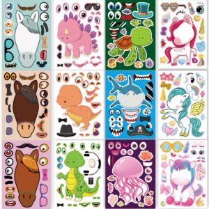 24 sheets 8.27''×5.9'' make your own stickers for kids toddlers, make a face stickers mix and match with unicorns dinosaur horse and sea animals for kids party favors activities