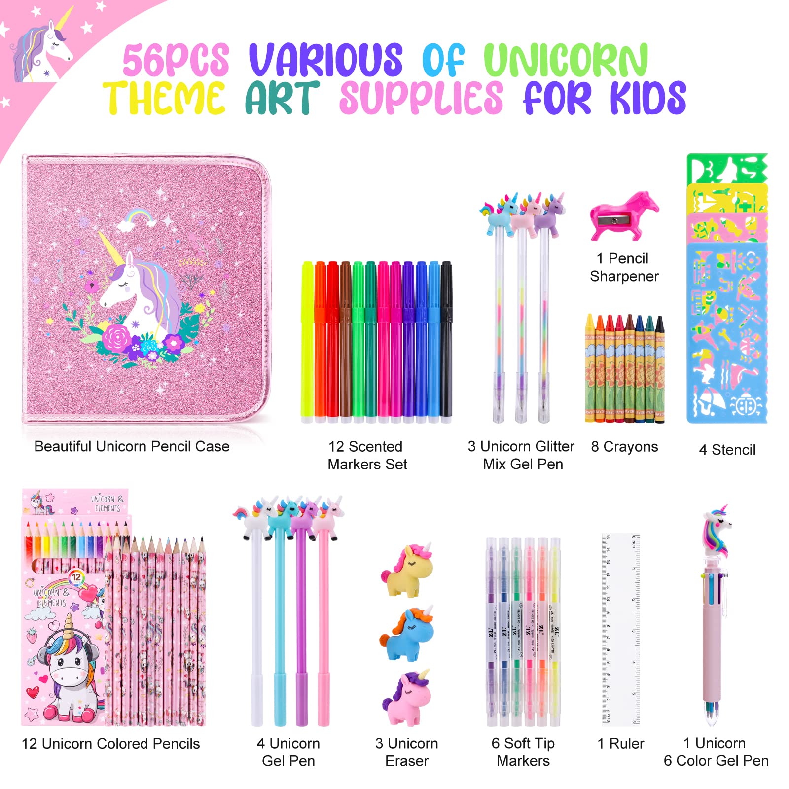 56 Pc Fruit Scented Marker Set with Glitter Unicorn Case, Art Supplies Kit for Kids Ages 4-8